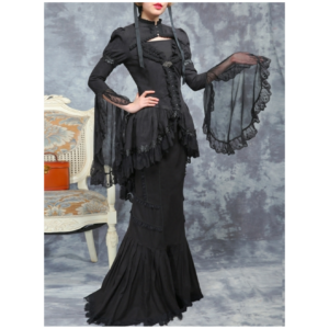Dark Night Punk Fishtail Skirt Suit Two Piece Set Slim Fit Black Lace Ruffle Long Sleeve Gothic Lolita Dress