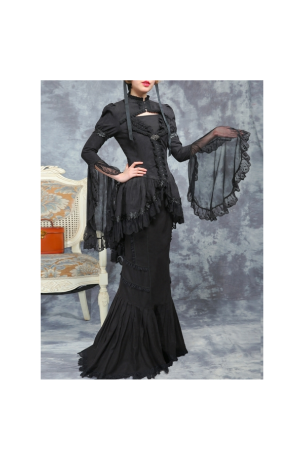 Dark Night Punk Fishtail Skirt Suit Two Piece Set Slim Fit Black Lace Ruffle Long Sleeve Gothic Lolita Dress