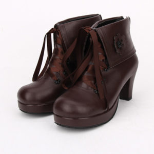 Brown Gear Decoration Lace-up Lolita High Heel Short Boots