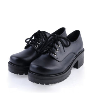 Black 2" High Heel Beautiful Synthetic Leather Round Toe Military Style Platform Girls Lolita Shoes
