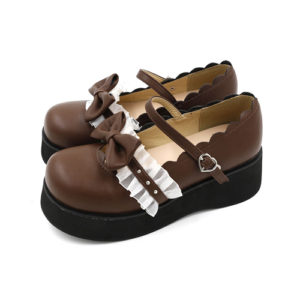 Round-toe Bowknot Lace Ruffle Cute School Lolita Thick Sole Shoes