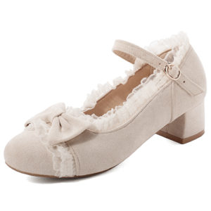 Suede Leather Round-toe Bowknot Lace Thick Heel Classic Lolita High Heel Shoes
