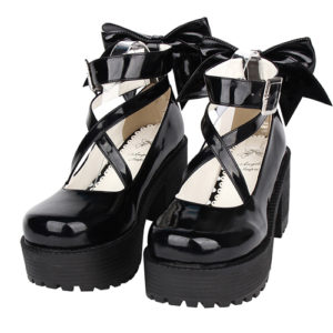 Black Patent Leather Cute Bowknot Lolita Round-toe High Heel Shoes- 8cm
