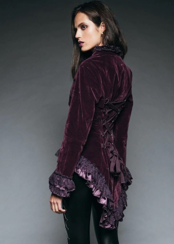 WITCHY WOMAN PURPLE VELVET STEAMPUNK TAIL JACKET WITH BACK LACING - Image 2