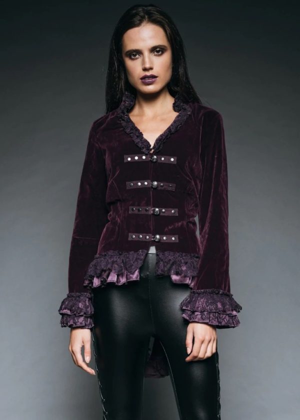 WITCHY WOMAN PURPLE VELVET STEAMPUNK TAIL JACKET WITH BACK LACING - Image 3