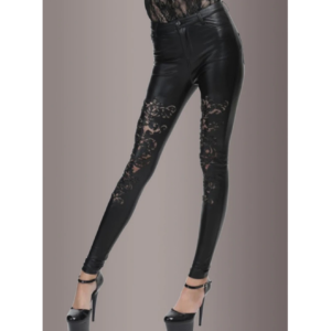 FAUX LEATHER PANTS WITH CUTOUT LACE PATTERN