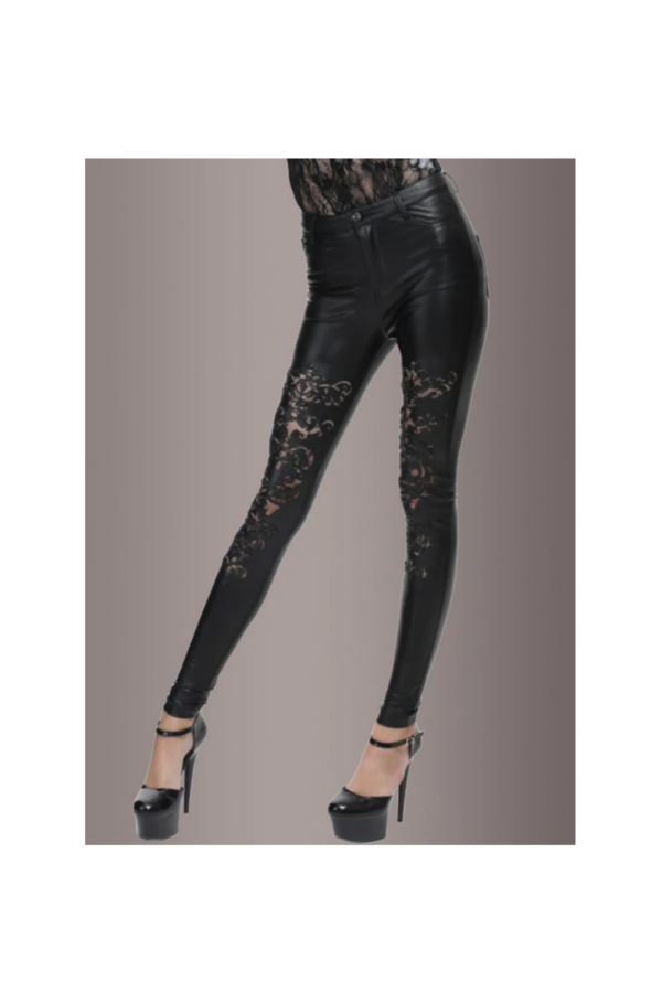 FAUX LEATHER PANTS WITH CUTOUT LACE PATTERN