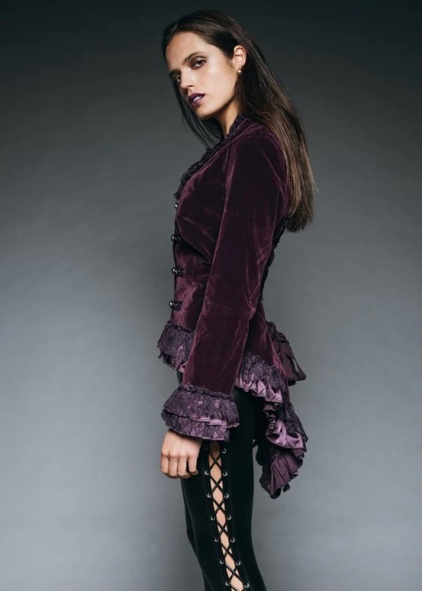 WITCHY WOMAN PURPLE VELVET STEAMPUNK TAIL JACKET WITH BACK LACING - Image 4