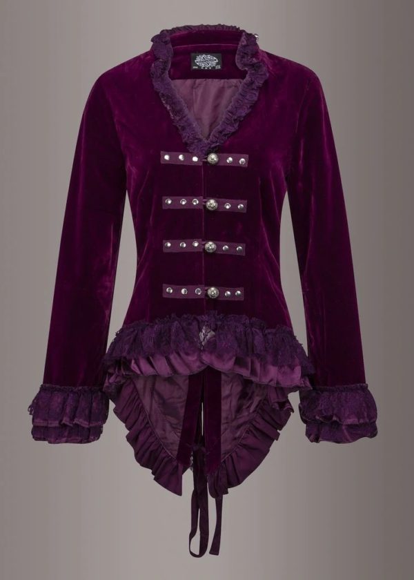 WITCHY WOMAN PURPLE VELVET STEAMPUNK TAIL JACKET WITH BACK LACING - Image 5