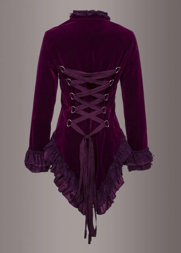 WITCHY WOMAN PURPLE VELVET STEAMPUNK TAIL JACKET WITH BACK LACING - Image 6