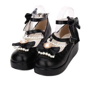 Round-toe Bowknot Pearl Chain Classic Lolita Shoes