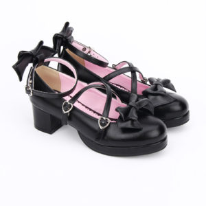Black Cross Buckle Princess Bowknot Lolita Mid Heel Shoes