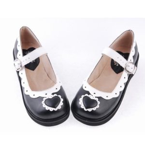 Black & White1.2" High Heel Lovely Polyurethane Round Toe Strap Heart Decoration Platform Girls Lolita Shoes