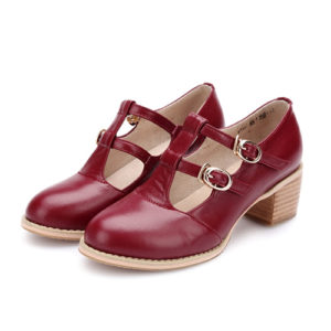 Retro Wine Red Double Buckles Lolita Mid Heel Shoes