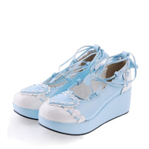 Sky-blue 2.4" High Heel Charming Synthetic Leather Scalloped Criss Cross Lace Tie Platform Girls Lolita Shoes
